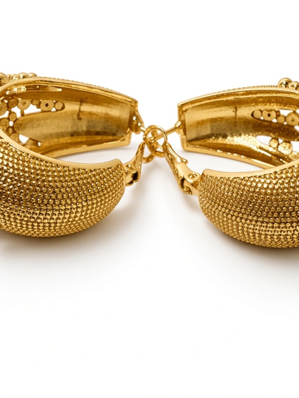 Gold Textured Hoop Earrings | Statement Fashion Jewelry | Latch Back - Picture 4 of 5